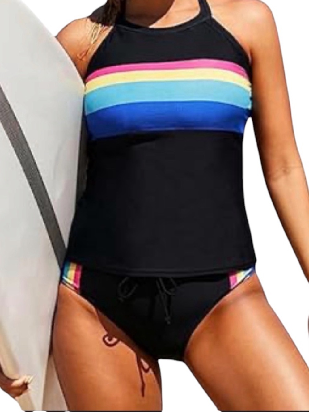 ☀️NWOT Black Tankini Set with Retro Rainbow Stripe - XL